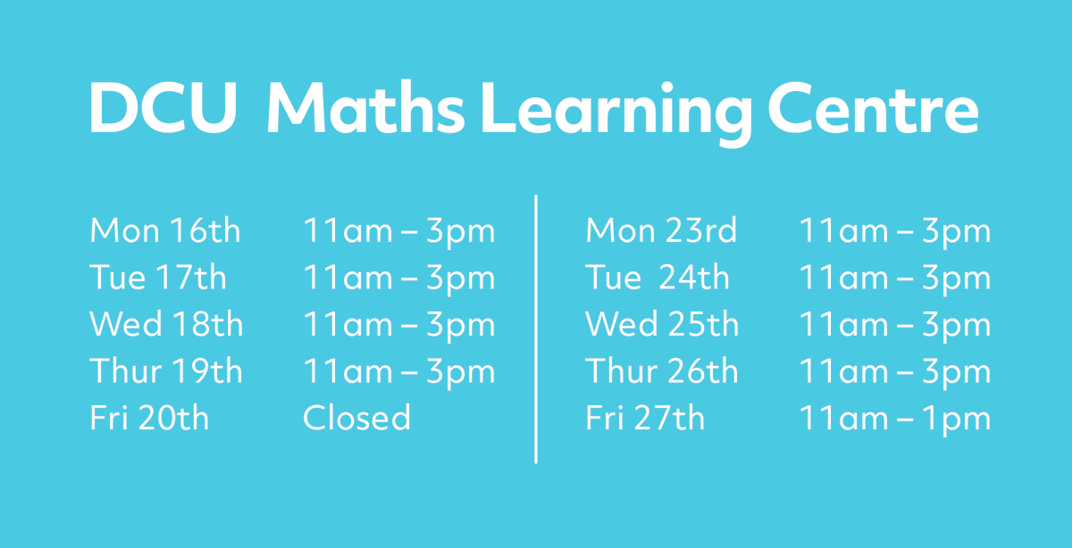 Welcome back for 2023!

The MLC is here to help you get on track with your maths study. Our opening hours are below, so drop in whenever suits and visit us in the Glasnevin library!