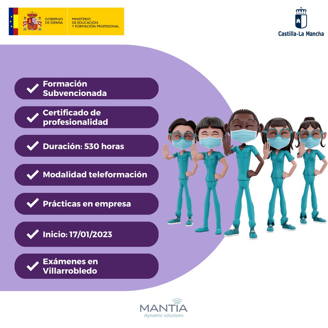 📢 Comenzamos nueva edición del certificado de profesionalidad de Atención Sociosanitaria a Personas Dependientes en Instituciones Sociales. 
La edición subvencionada está destinada a personas desempleadas de Castilla-La Mancha y será en modalidad teleformación.