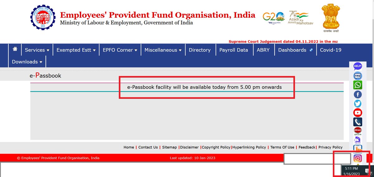Om78610's tweet photo. Hello Team,

EPFO passbook webpage shows incorrect timings. It is mentioned as e-Passbook facility available today from 5:00 pm onwards. But now it is 5:17pm, still it shows same message. Unable to access Passbook.
Kindly update the revised timing in the webpage.

#EPFO https://t.co/KHgfwQVKMb