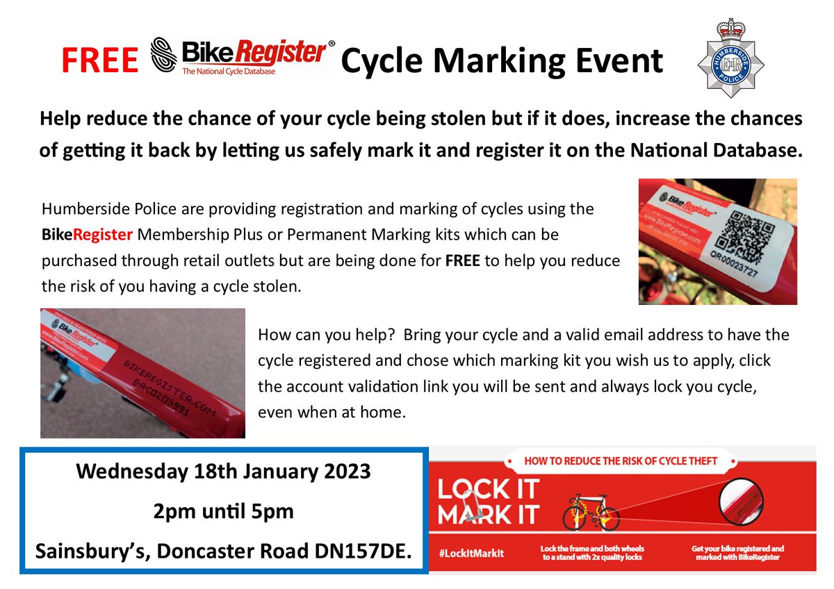 Humberbeat_NL's tweet photo. #Scunthorpe @BikeRegister cycle marking event.  Get your cycle registered and security marked for free.  Want to know more about the marking?  Please visit https://t.co/38d6bbHR36 and also consider getting a Secured by Design Gold or Diamond lock.  #MarkitLockit #Securedbydesign https://t.co/1pkuyWuP9O
