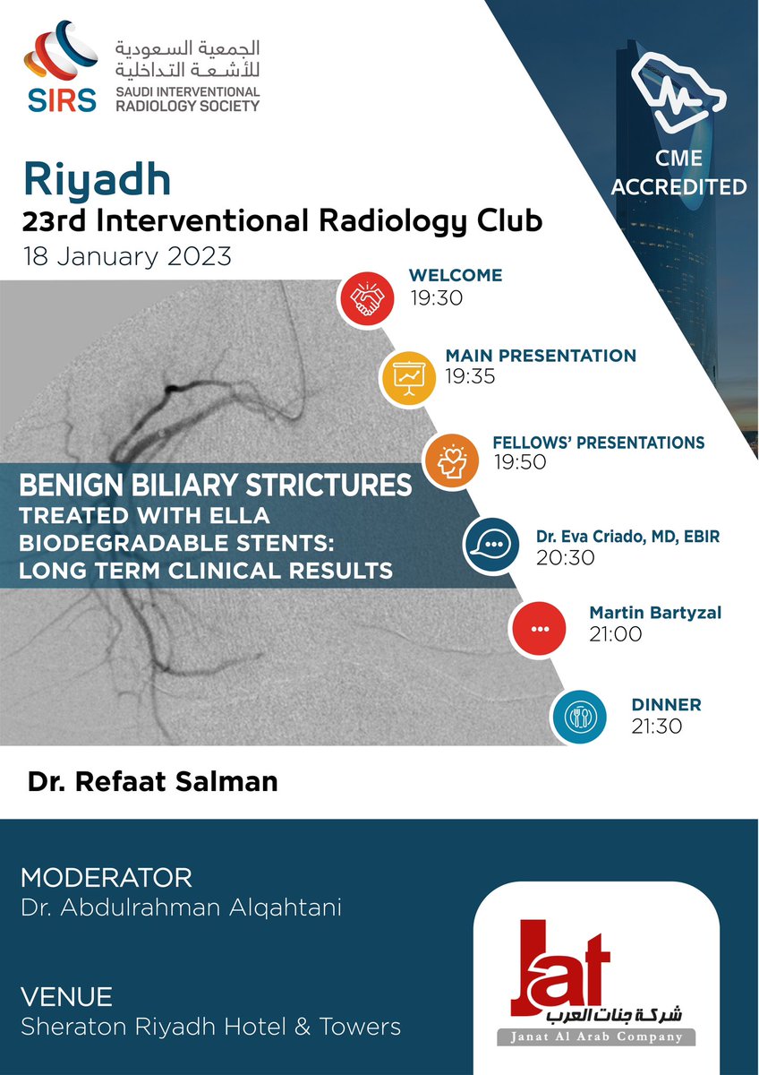 sirs_ksa's tweet photo. Join us at our 23rd Riyadh Interventional Radiology Club on the 18th of January 2023!
-Benign Biliary Structures treated with Ella Biodegradable Stents:Long term clinical results-
🕖 19:30 - 21:30
🎓CME Accreditation
Registration form:
https://t.co/BviR97d6i2
#SIRS
#IRClub https://t.co/GiPtarcJvY