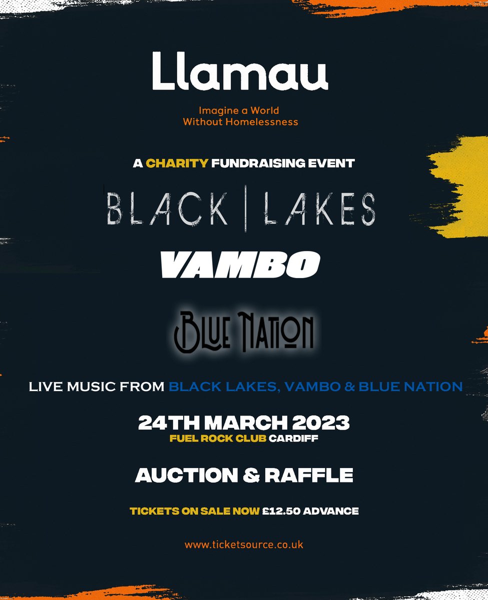 Who's coming to support my charity fundraiser for <a href="/LlamauUK/">Llamau</a> to help #EndYouthHomelessness whilst appreciating some epic bands, <a href="/BlackLakesUK/">Black Lakes</a>, <a href="/vamboofficial/">Vambo</a> and @bluenationmusic? There will be an auction and raffle too! Tickets available here: tinyurl.com/mr7n6xhm