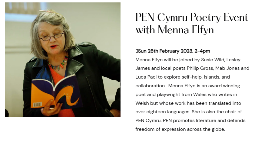 Excited to be reading at this #PENCymru #poetry event with <a href="/ElfynMenna/">Menna Elfyn</a>, @soozerama, <a href="/FeetPetite/">Lesley James Representing Wales Award 2024-25</a>, Philip Gross and <a href="/lucapaci/">Luca Paci</a>. Join us on Sunday 26 Feb from 2-4pm <a href="/tyturnerpenarth/">Turner House Penarth</a>. Part of Luca &amp; @mainchrisglynn's Self Help exhibition: ticketsource.co.uk/ptc/self-help-…