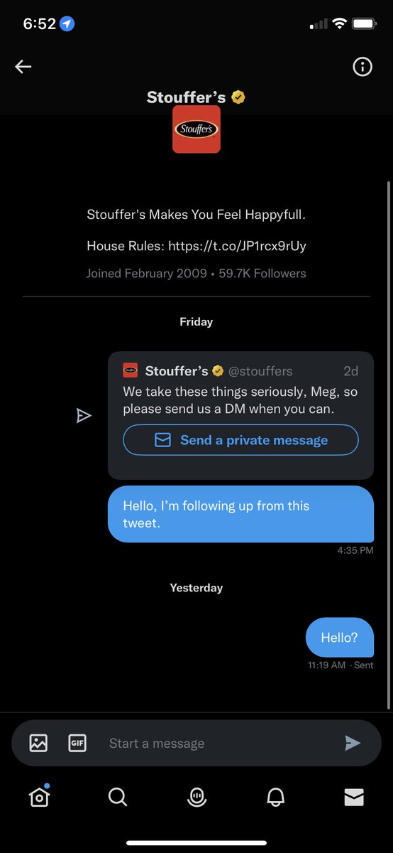megiachettaaa36's tweet photo. @stouffers acts like they take hair in their food seriously. Tells me to DM them, then doesn’t respond. https://t.co/uHogWA3GNq