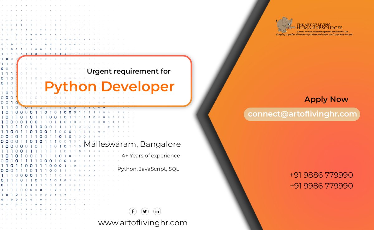 ArtofLivingHR's tweet image. Calling all Python enthusiasts!
Apply now and take your career to the next level.
#PythonJobs #PythonDeveloper #Hiring #JobOpportunity #TechCareers #DeveloperJobs #PythonDevelopment #CareerGrowth #Jobs #SoftwareJobs