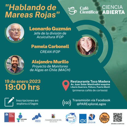 Este jueves, desde las 19h en el Restaurant Taco Madera, Pelluco, Puerto Montt , estaremos participando del Café Científico, organizado por PAR Explora Los Lagos .. "Hablando de las Mareas Rojas" .. 
Todos cordialmente invitados!! 
Inscripciones en el link forms.gle/bty5zidxniiZnt…