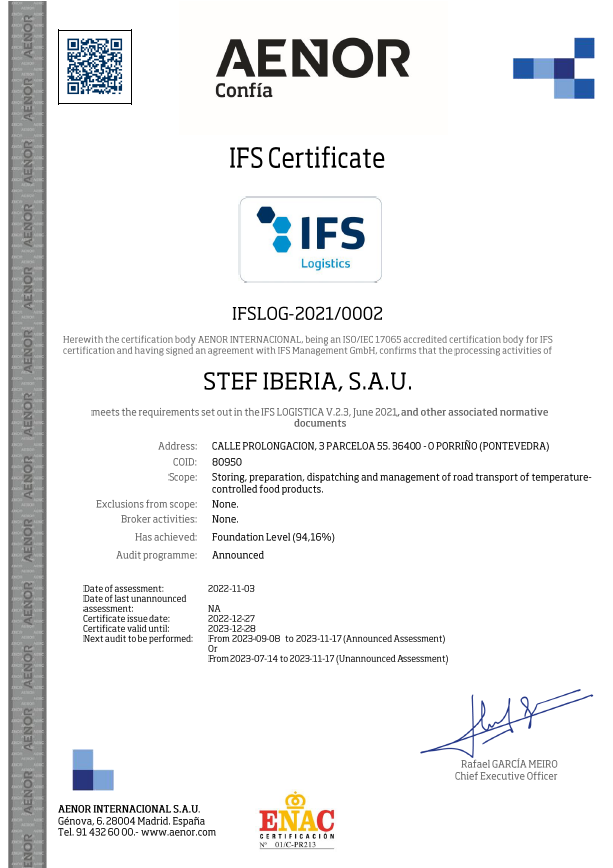 📝 STEF Vigo renueva su certificado de IFS garantizando así ajustarse a los estándares de #calidad en el almacenamiento, preparación, expedición y gestión del #transporte por #carretera de productos alimentarios a temperatura controlada. ✅