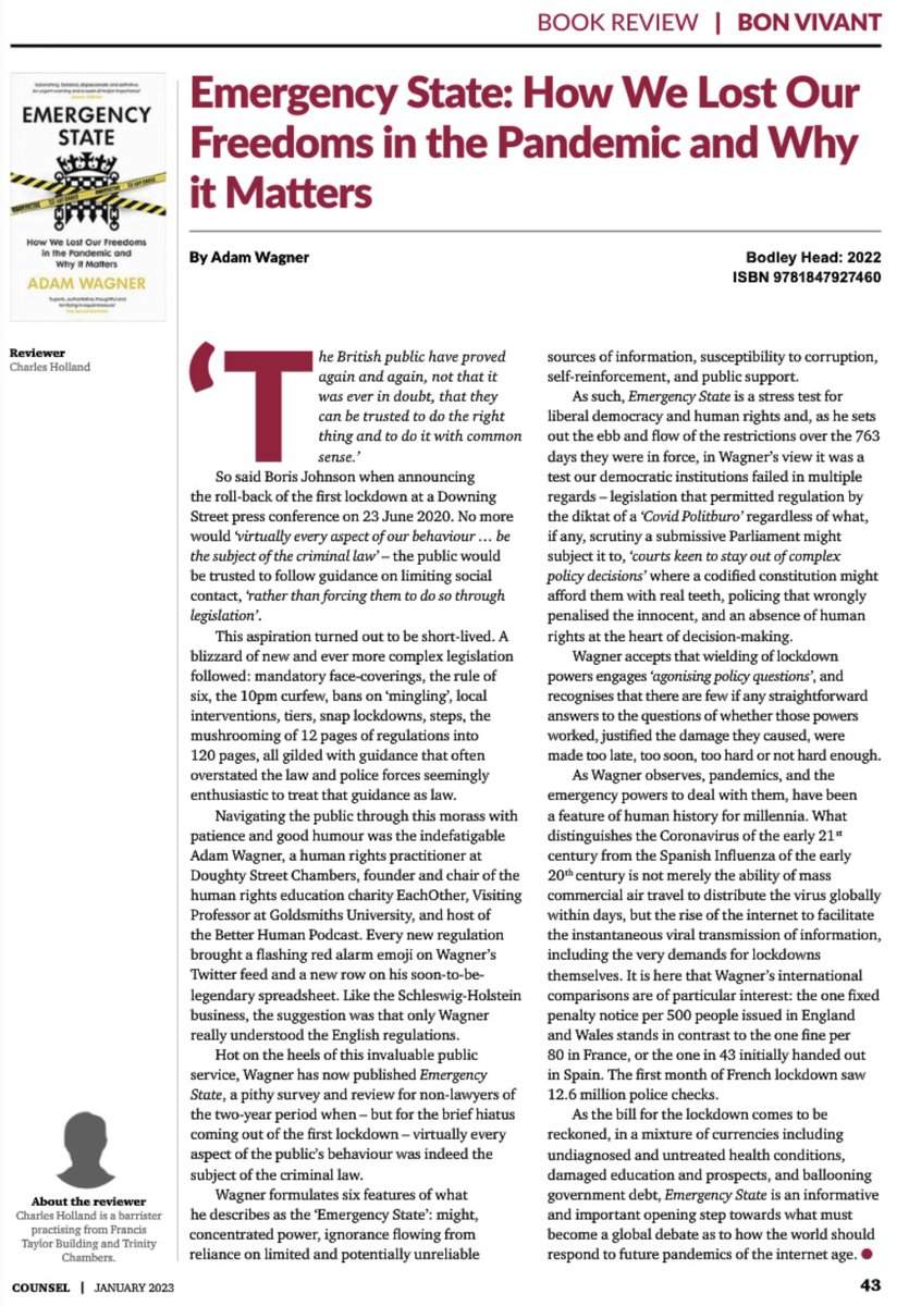 AdamWagner1's tweet image. "Emergency State is an informative and important opening step towards what must become a global debate"
Thank you to Charles Holland for this excellent review of #EmergencyState in the new @CounselMagazine 
lnprodstorage.z35.web.core.windows.net/Counsel/2023/J…