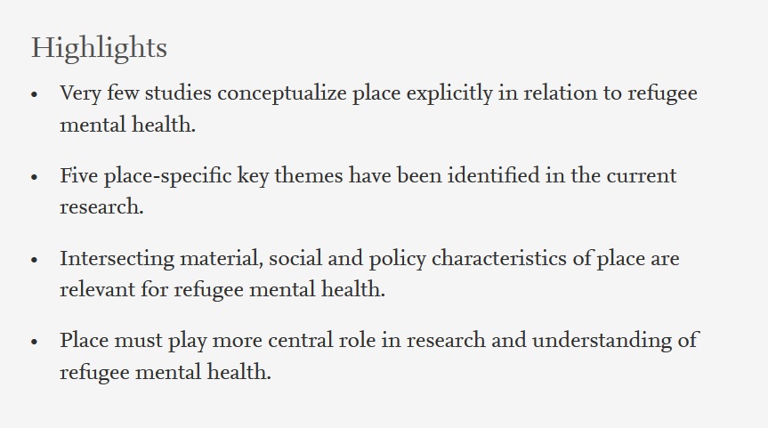 New and OA: Refugee mental health and the role of place in the Global North countries: A scoping review 
sciencedirect.com/science/articl… 
#refugees #mentalhealth #wellbeing #place