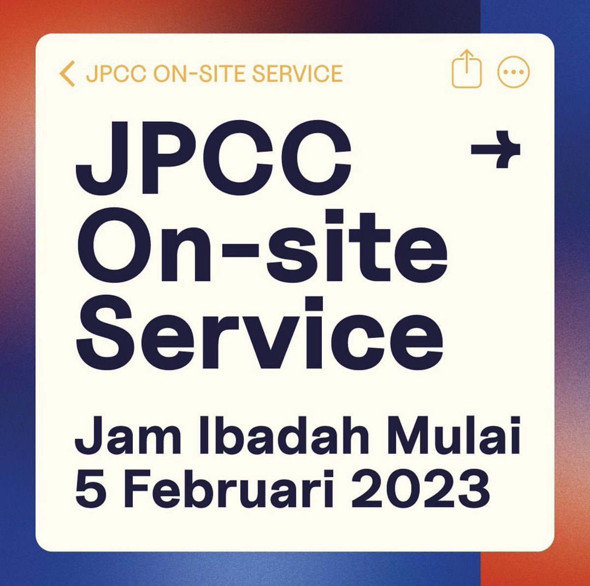 JPCC's tweet photo. 🎉Mulai 5 Februari 2023, ada pembaruan jam ibadah on-site JPCC. 
Cara pendaftaran dapat dilihat di 👉🏻https://t.co/bx9nQXBJrH . https://t.co/FP9Qw2fkir