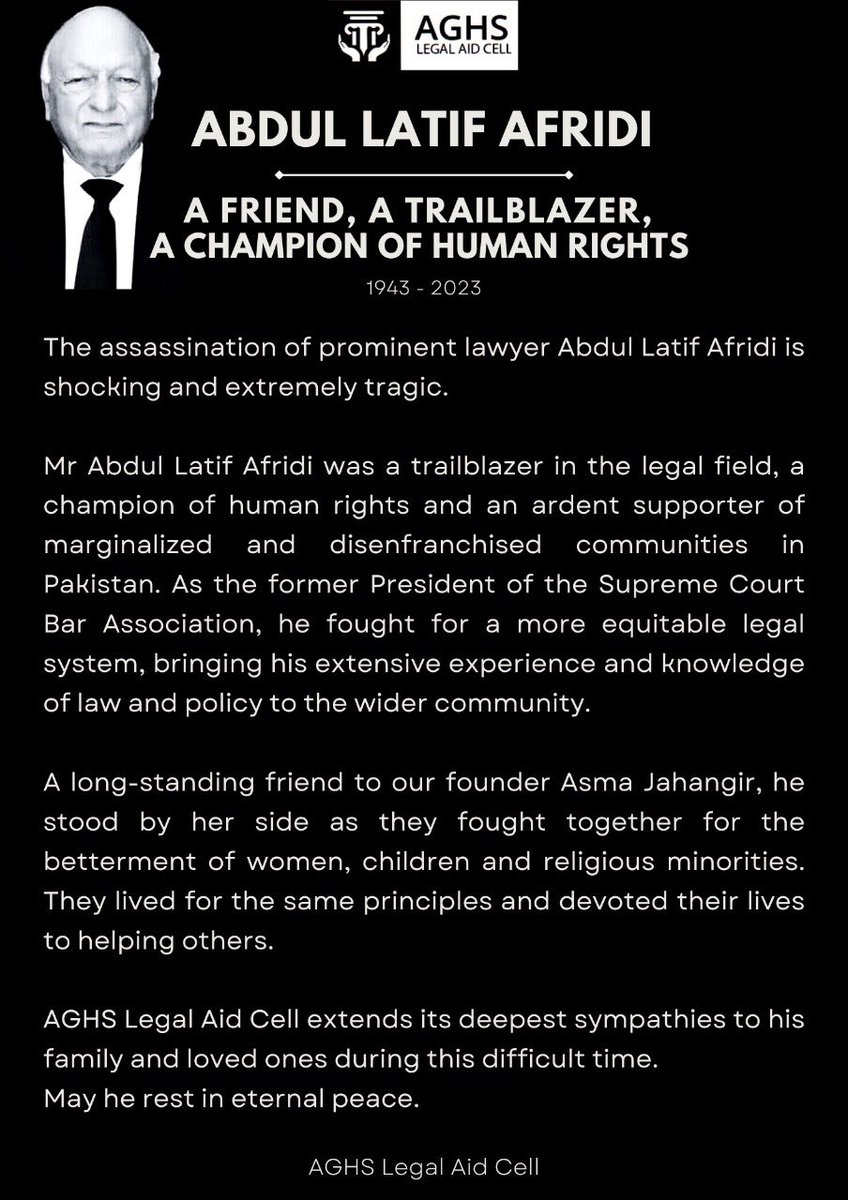 Asma_Jahangir's tweet photo. The assassination of prominent lawyer Abdul Latif Afridi is shocking &amp; extremely tragic.A friend to our founder Asma Jahangir, a trailblazer in the legal community &amp; a champion of human rights-his death is a loss for all.

AGHS calls on authorities to bring the culprit to justice https://t.co/VRVP7VjiqM