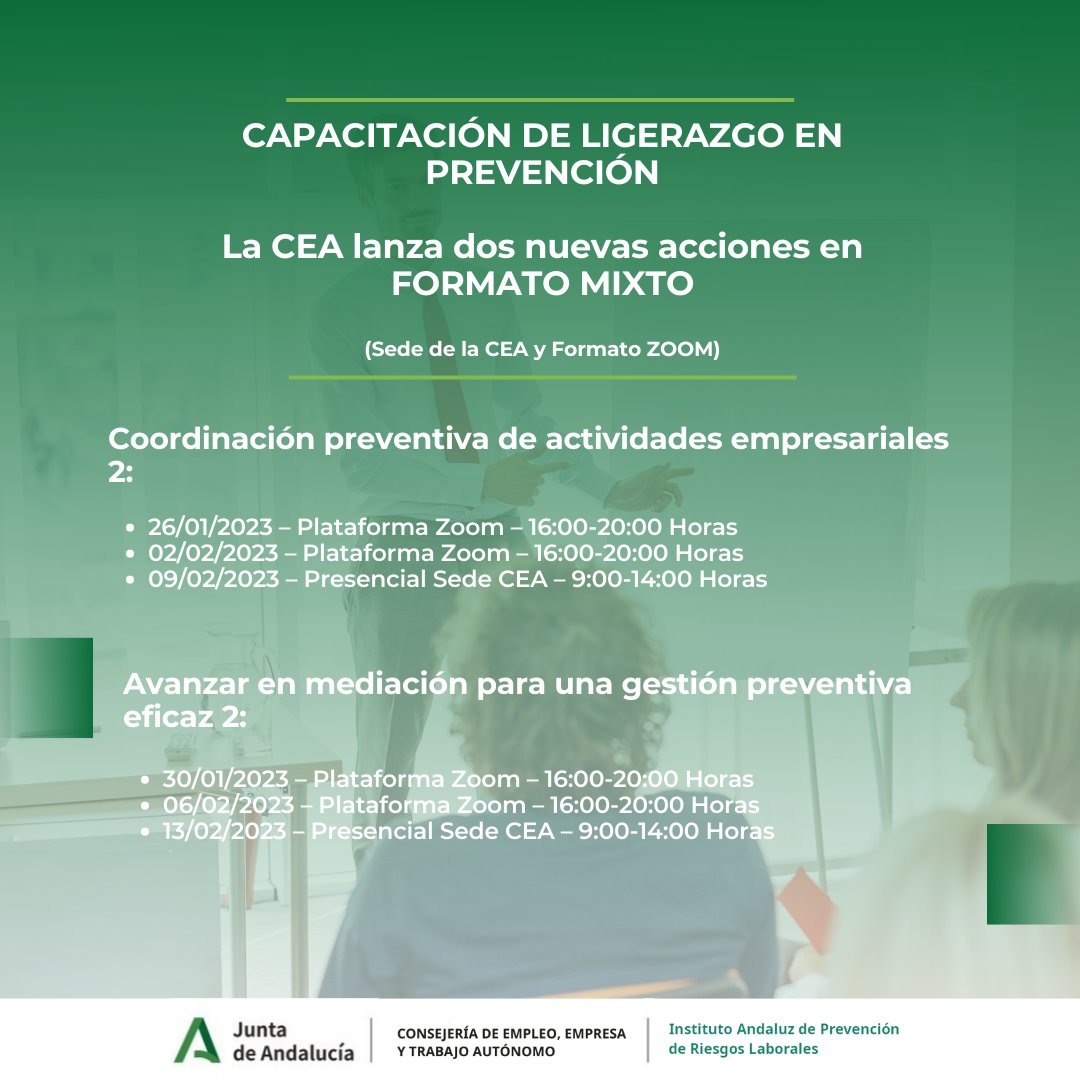 IAPRL's tweet image. LA CEA lanza dos nuevas acciones del tercer programa &quot;Capacitación de liderazgo en prevención&quot;, financiado por el #iaprl 

¡Entra en su web para saber más!

#iaprlandalucia #liderazgo #liderazgoinstitucional #prl