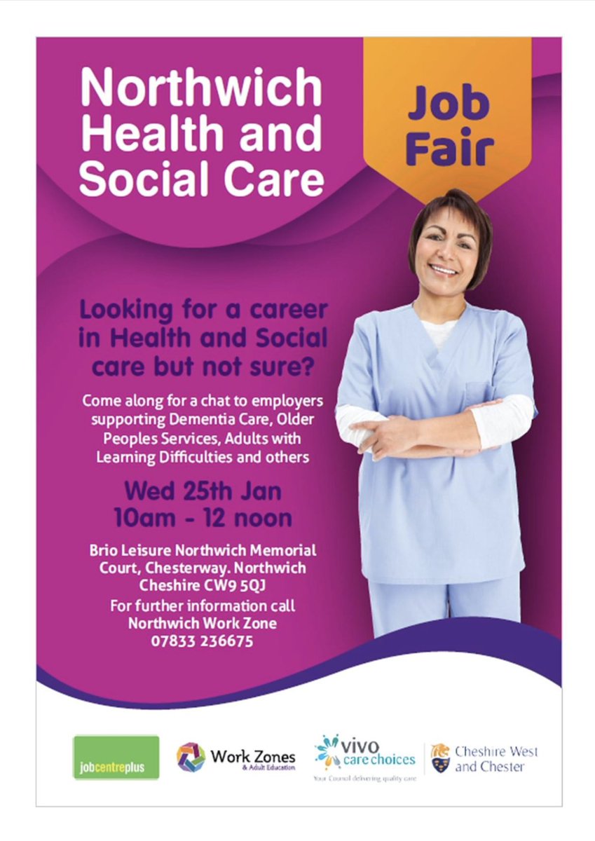 Great opportunity for anyone wanting to work in Health and Social Care. 

Pop along to Brio Leisure Northwich, 10 am - 12 noon, 25/01, or call Northwich Work Zone on 07833 236675 for more info. #HealthandSocialCare #JobFare
