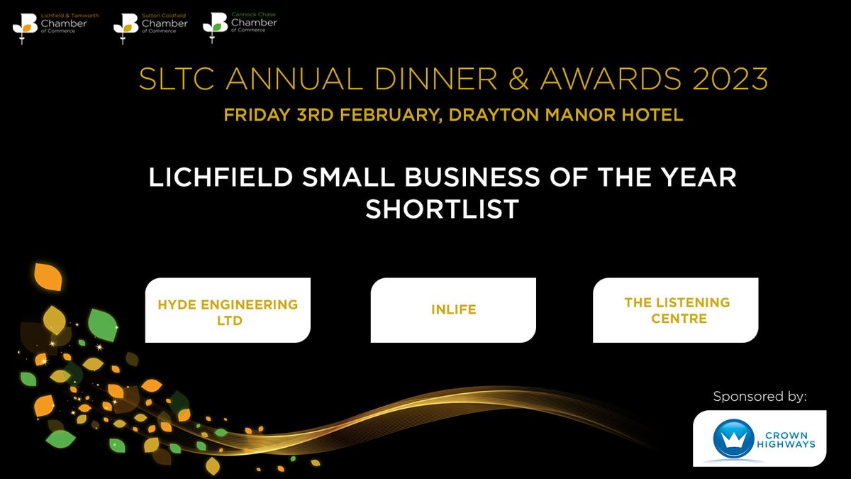 Our shortlisted organisations for 'Lichfield Small Business of the Year' @HydeLtd @inLIFEDesign & @ThListeningCent 👏

Thank you to our award sponsor @CrownHighways 

Less than 3 weeks to go until #SLTCAWARDS23 🎉