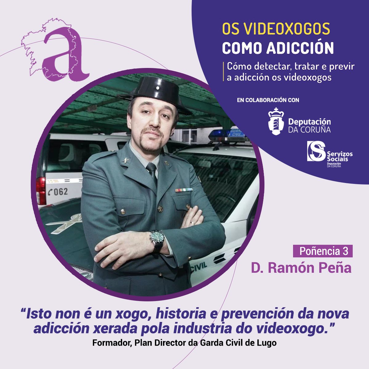 agalure's tweet image. 🎙 O terceiro experto que nos acompañará nas xornadas deste 𝐯𝐞𝐧𝐫𝐞𝐬 𝟐𝟎 𝐝𝐞 𝐱𝐚𝐧𝐞𝐢𝐫𝐨 é D. Ramón Peña, Garda Civil do @ColeGC

✍ Último día para inscribirse! cutt.ly/O2PumoE

🤝 @agalure @Depucoruna 

#prevencion #adiccion #videoxogos #xuventude #adolescentes