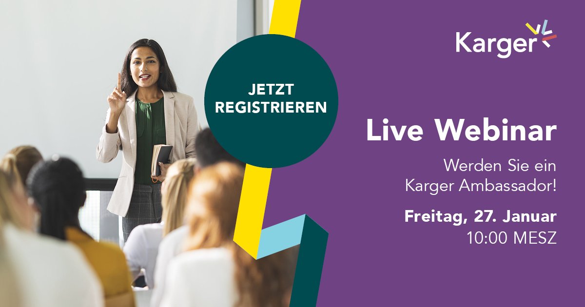 KargerPublisher's tweet photo. Join us for the first live #webinar in 2023: learn about the benefits of the #KargerAmbassador Program & become an active member of the scientific community. This #webinar will be held in German.
π
Friday, Jan 27
β° 10 a.m. CET
Registration is open π https://t.co/mE58PcHgM0 https://t.co/pwqJw78ejV
