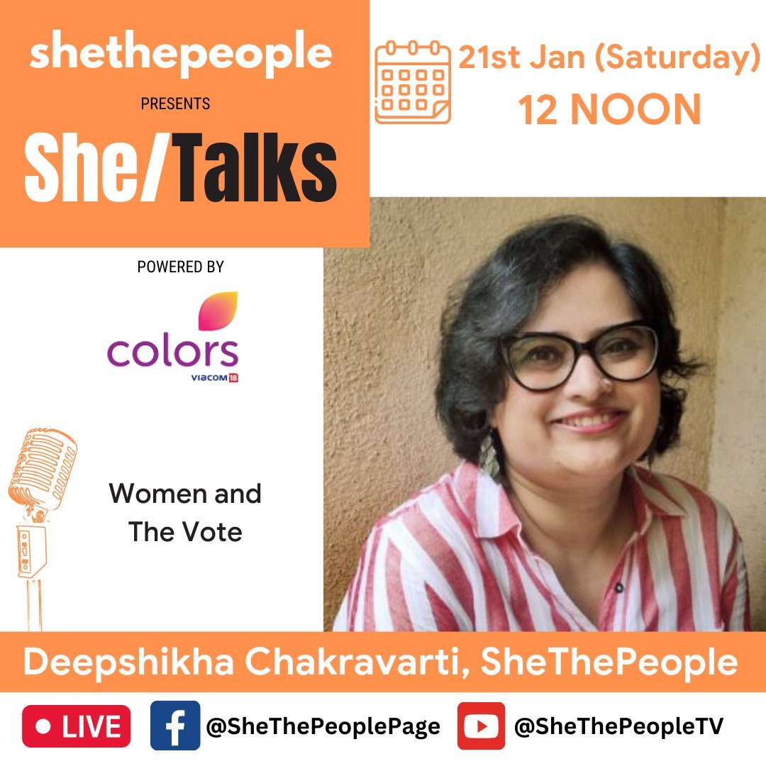 SheThePeople's tweet photo. .@Deepshikha_01 will be talking about "Woman and the vote" at 12 Noon at #SheTalks, powered by @ColorsTV https://t.co/Bsc5MQRV42