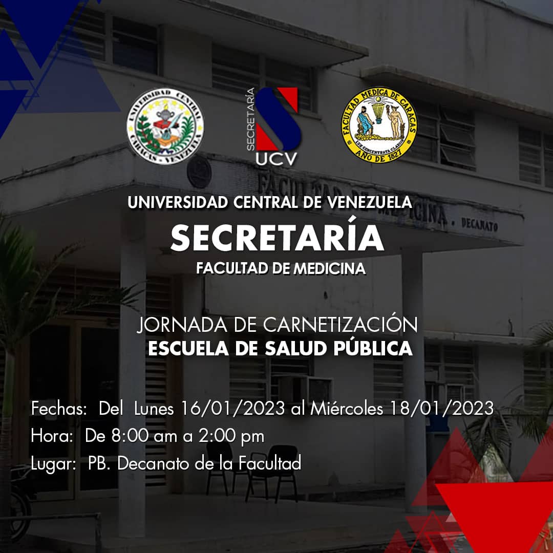 SecretariaUCVe's tweet photo. Atentos 📢

Jornada de Carnetización en la Facultad de Medicina, desde este lunes 16 al miércoles 18 de enero, a los estudiantes de la escuela de Salud Pública.

¡Feliz lunes! 

#secretariaucve #ucvnoticias #CarnetizacionUCV https://t.co/fy8vGRjwv3