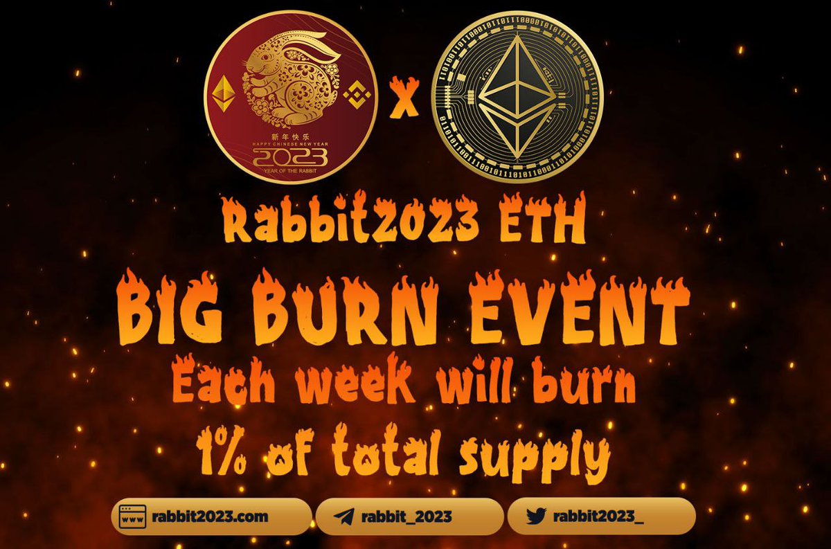 1% of ETH #Rabbit2023 was burned🔥

Chinese New Year very Soon 22th January🐰

etherscan.io/tx/0xb22360ac2…

<a href="/rabbit2023_/">Rabbit2023</a>

t.me/rabbit_2023

#ChineseNewYear $RABBIT #YearOfRabbit