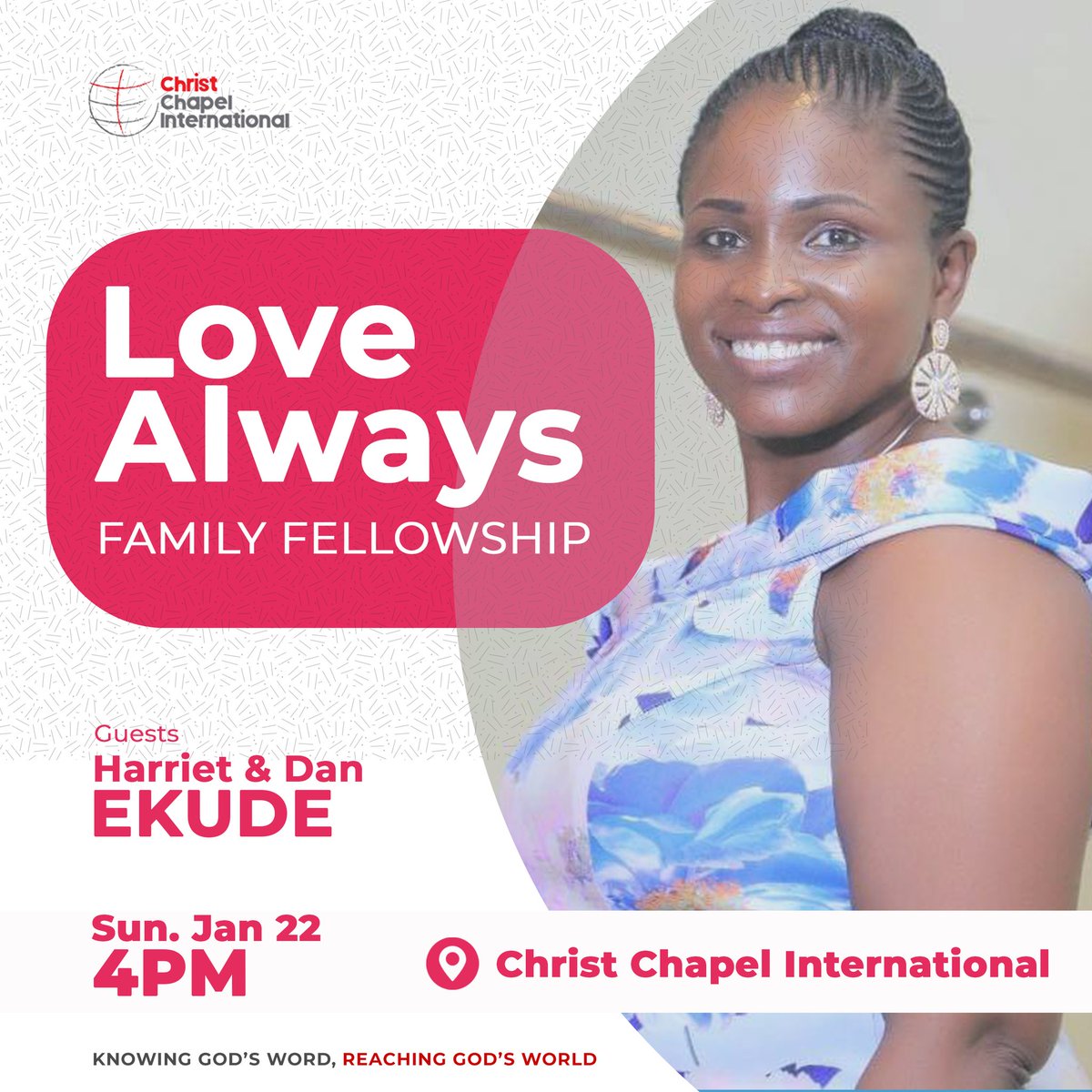 ChristChapelIn3's tweet photo. TO THE MARRIEDS! 
Love Always Family Fellowship (LAFF), our marrieds' fellowship, is on this Sunday at Christ Chapel International at 4 PM EAT, with special guests Harriet and Dan Ekude.
#LAFF https://t.co/px0r5GXtY1