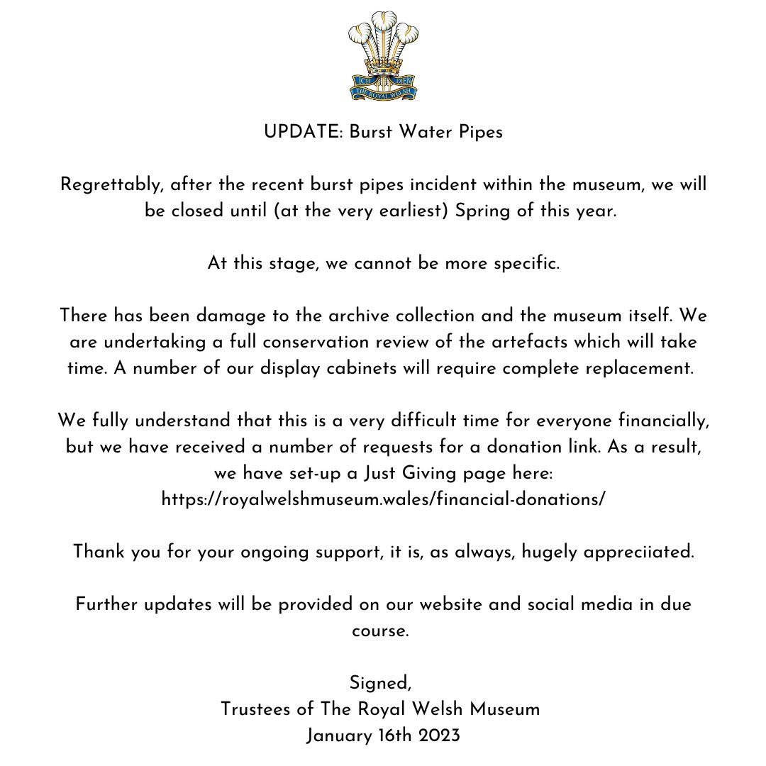 The Royal Welsh Museum on Twitter "An update regarding our burst water
