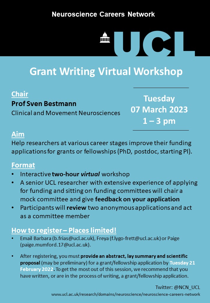 NCN_UCL's tweet photo. We are running a virtual grant writing workshop on the 7th of March 1-3 pm. Sign up if you are about to apply for a grant or fellowship and need some valuable feedback. Chaired by Prof. Sven Bestmann. https://t.co/kyKHiVFAjy