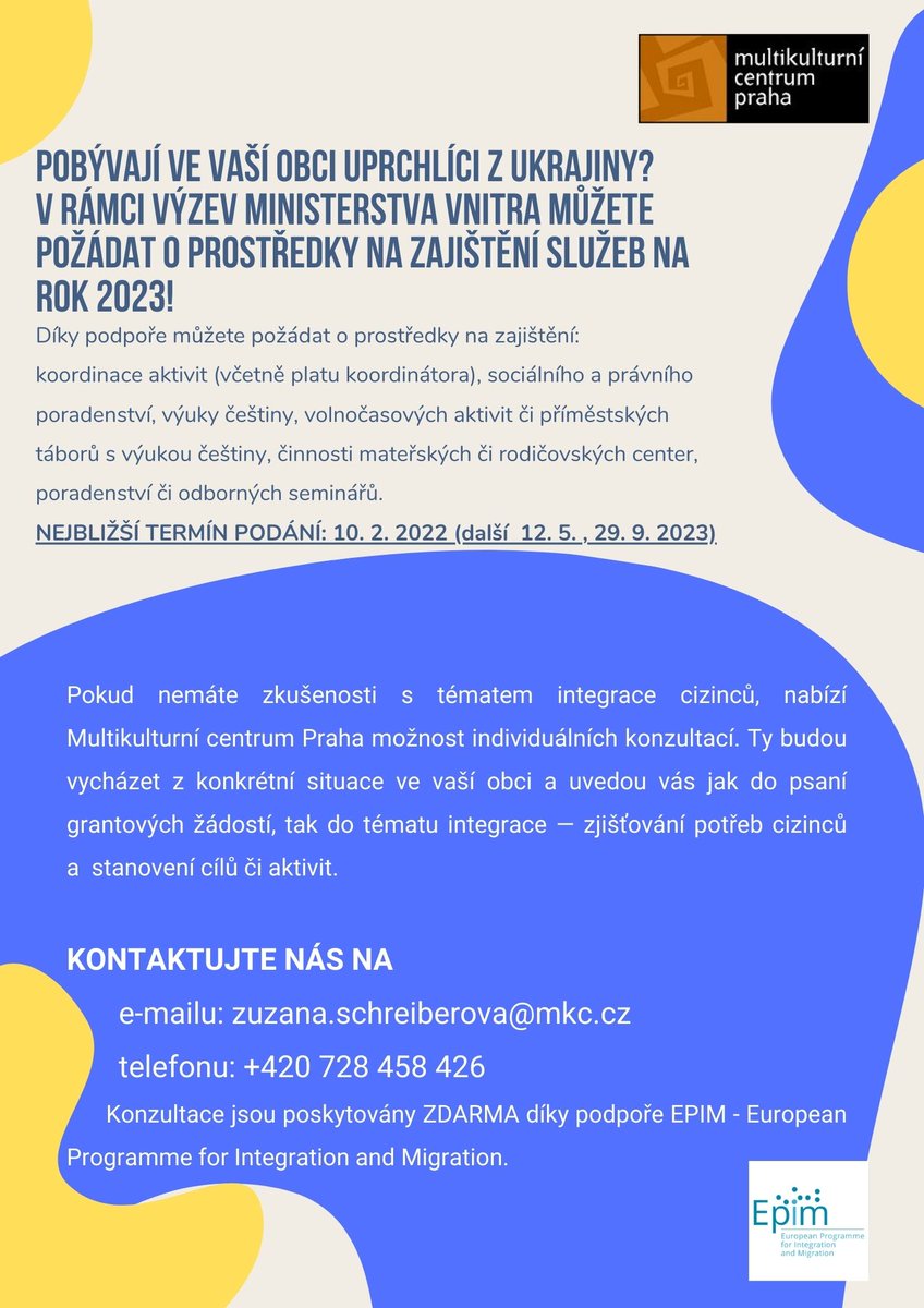 mkc_praha's tweet photo. 🇨🇿🇺🇦 Hledáte prostředky na zajištění služeb pro urchlíky? 🏫👨‍👩‍👧‍👦 Nabízíme vám zdarma individuální konzultace k podávání grantových žádostí i plánování služeb. #uprchlici #integrace #granty #podpora https://t.co/BeeJdd2bv6