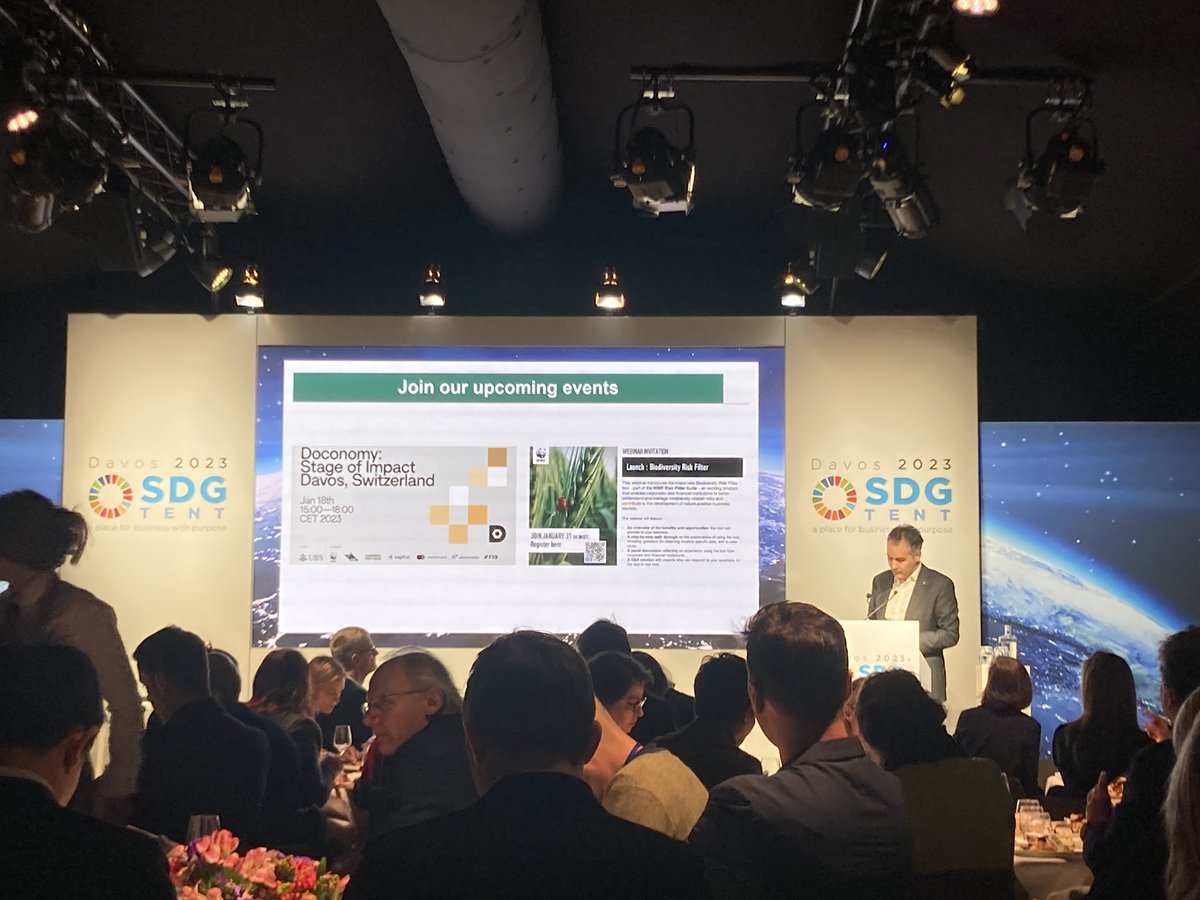 MGajowski's tweet photo. Starting my personal #WEF23 journey at the #sdgtent listening to Thomas Vellacott and Barbara Dubach. 
Thanks InTent for organizing 
„Nature based solutions for business in practice“ https://t.co/QHciYXhA09
