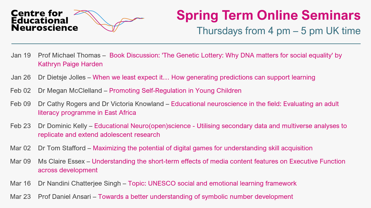 UoL_CEN's tweet image. 📢📢 Delighted to share the spring programme for the CEN online seminars. Come along and find out about the latest research on minds, brains, learning, and education! Thurs from 4-5 pm (UK time). Open to the public and free to attend. Registration here: tinyurl.com/tucbkoo