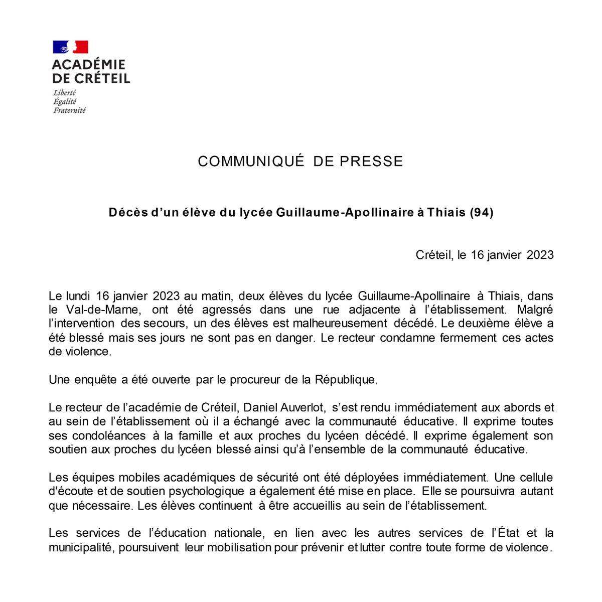 AcCreteil's tweet photo. #Communiqué suite au décès d'un élève du lycée Guillaume-Apollinaire à Thiais dans le Val-de-Marne (94). https://t.co/pNm5vbxsDF