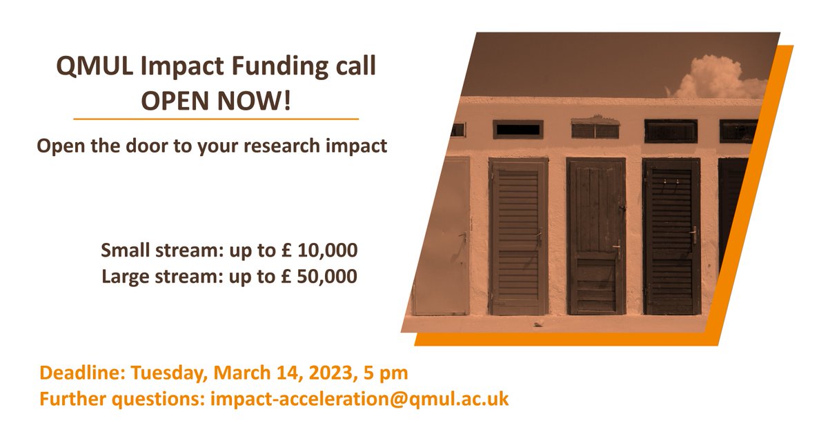 Do you have a great idea which leads to research impact <a href="/QMUL/">Queen Mary University of London</a>?

The application window for the Queen Mary Impact Fund is Now Open!

Apply and get up to £50K to get your impact idea off the ground.👇
qmul.ac.uk/research/resea…

Any ❓email impact-acceleration@qmul.ac.uk