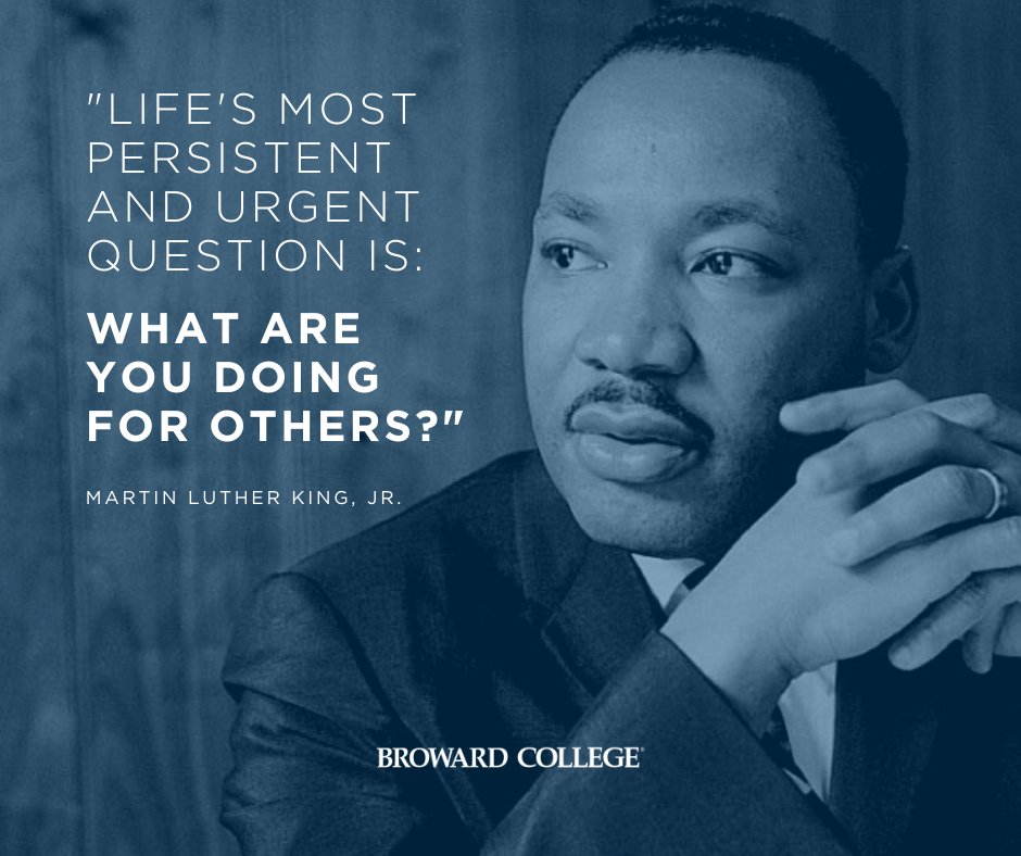 BrowardCollege's tweet photo. Each year, we proudly celebrate Dr. Martin Luther King, Jr. Day, honoring his life and contributions. In his memory, many of us choose to take the day on in service to our community. Stay tuned for future #BCcares volunteer events. https://t.co/pVJG4zrtId