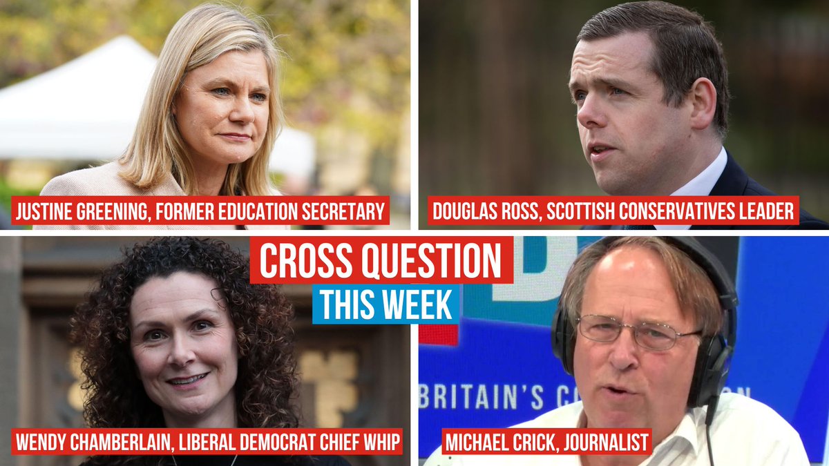 On CROSS QUESTION THIS WEEK on @LBC... MON @elliereeves @RebeccaCNReid @MichaelLCrick @Douglas4Moray TUE @darrenpjones @NinaMyskow @JustineGreening Tory MP tbc WED @LabourSatvir @Tony_Diver @paulscullymp @wendychambLD Mon- Wed 8pm on @LBC.