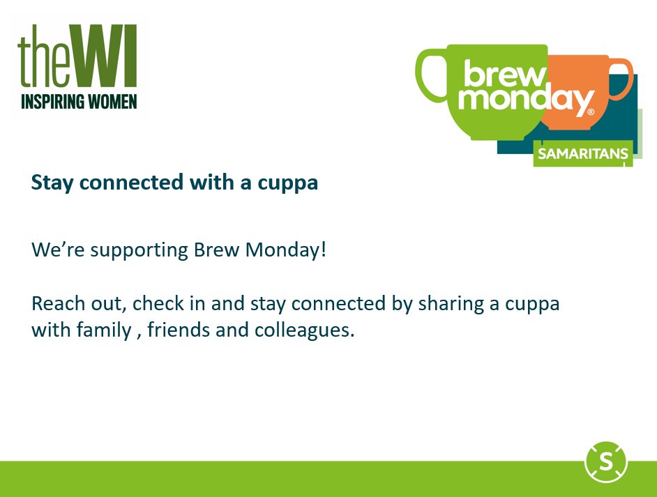 WomensInstitute's tweet photo. This Brew Monday, The WI joins @samaritans and is reminding everyone to reach out for a cuppa and a catch-up with the people you care about.

Reach out and connect with family, friends, colleagues and loved ones!
#BrewMonday https://t.co/fEBl5zu0nR