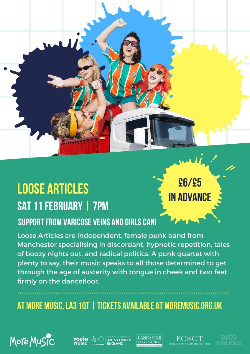 Girls Can has joined forces with <a href="/_LooseArticles/">Loose Articles</a>, a 4 piece female punk band &amp; artist Emma Colbert of <a href="/DecoPublique/">Deco Publique</a> for a weekend full of inspirational workshops, Q&amp;A’s &amp; live music.
Fri 10th &amp; Sat 11th Feb 2023. For young women aged between 14 – 25. moremusic.org.uk/whats-on/girls…