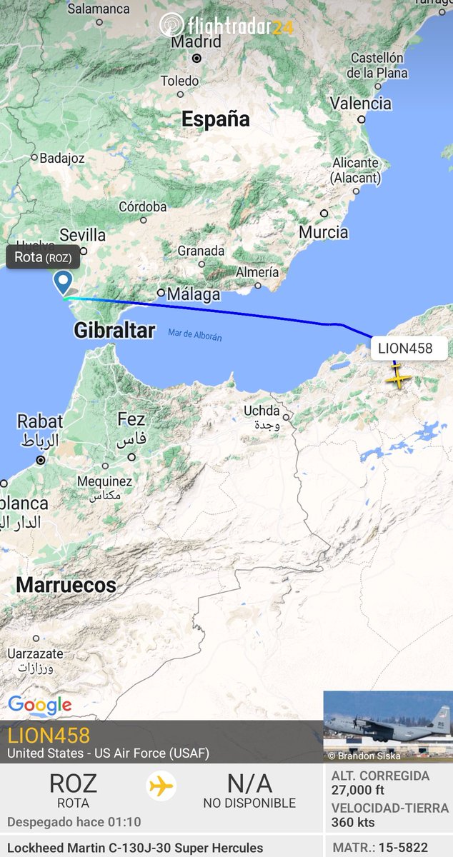 MilRadar's tweet photo. 🇺🇸 #USAF C-130J-30 Hércules 15-5822 del #37thAS despega desde #Rota y con rumbo SE sobrevuela #Argelia https://t.co/P79Z3sgOXv
