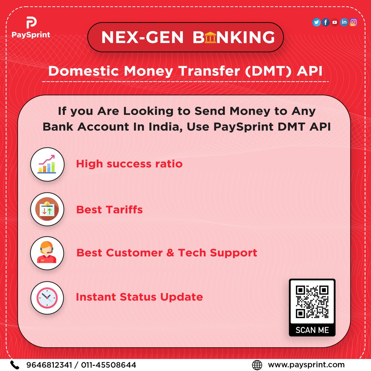 #𝗣𝗮𝘆𝗦𝗽𝗿𝗶𝗻𝘁 - Nex Gen #Banking Offers 𝗗𝗼𝗺𝗲𝘀𝘁𝗶𝗰 𝗠𝗼𝗻𝗲𝘆 𝗧𝗿𝗮𝗻𝘀𝗳𝗲𝗿 #API
Why wait? Become our API Partner today!
🌐paysprint.in
📞9646812341

#nexgenbanking #fintech #moneytransfer #DMTAPI #moneytransferapi #moneytransferservice