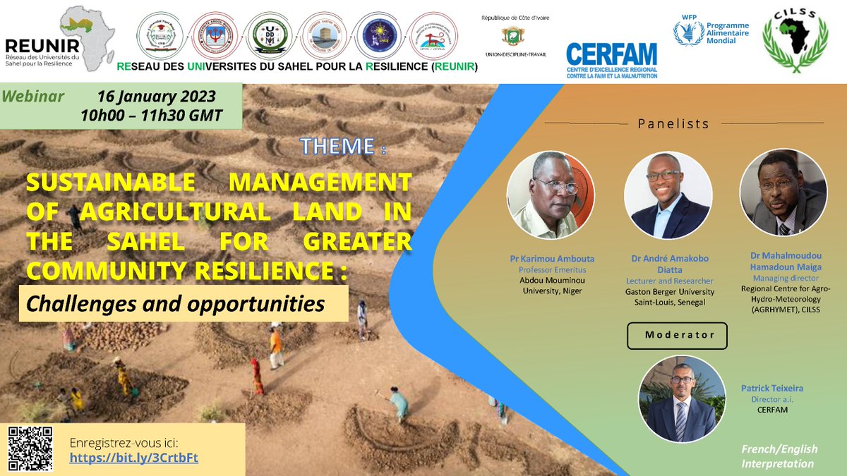CERFAM_4_Africa's tweet photo. 📢#Happeningnow
Join the Network of Sahel Universities for Resilience (REUNIR), CERFAM, @CILSSinfos &amp; their partners now for a discussion around Sustainable management of agricultural land in the Sahel.

Register here👉https://t.co/lB4PFSF5j9 to participate. https://t.co/03KYUxGRTl