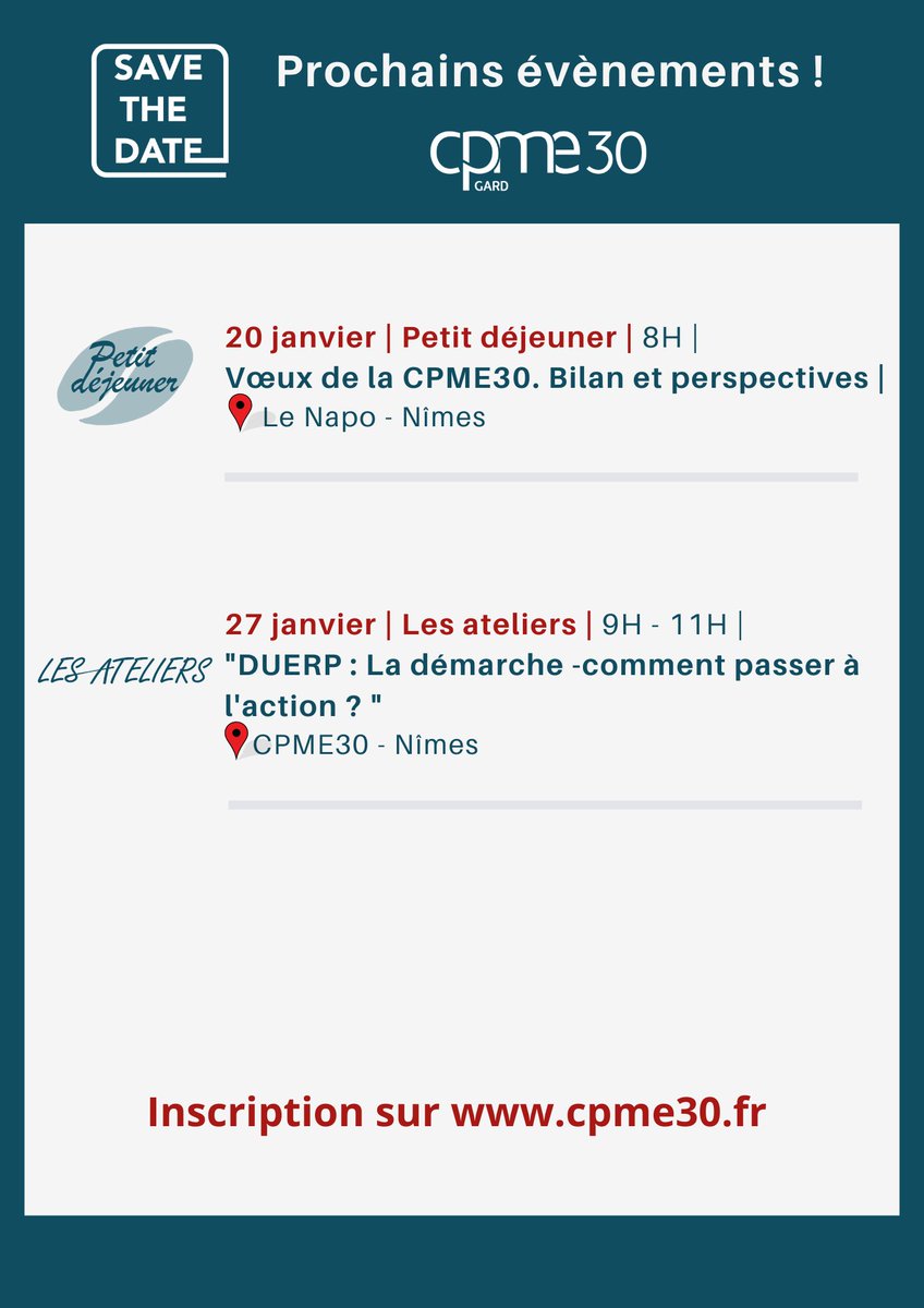 cpme30's tweet image. [ Save the date 📆]

La programme du début d'année est lancé !

🖇️Voici l'agenda pour les mois de janvier et février de la @cpme30!

Inscription 👉cpme30.fr

@sabrina_igel
 
#CPME #gard #TPE #PME #chefdentreprise #défendre #représenter #accompagner #évènement