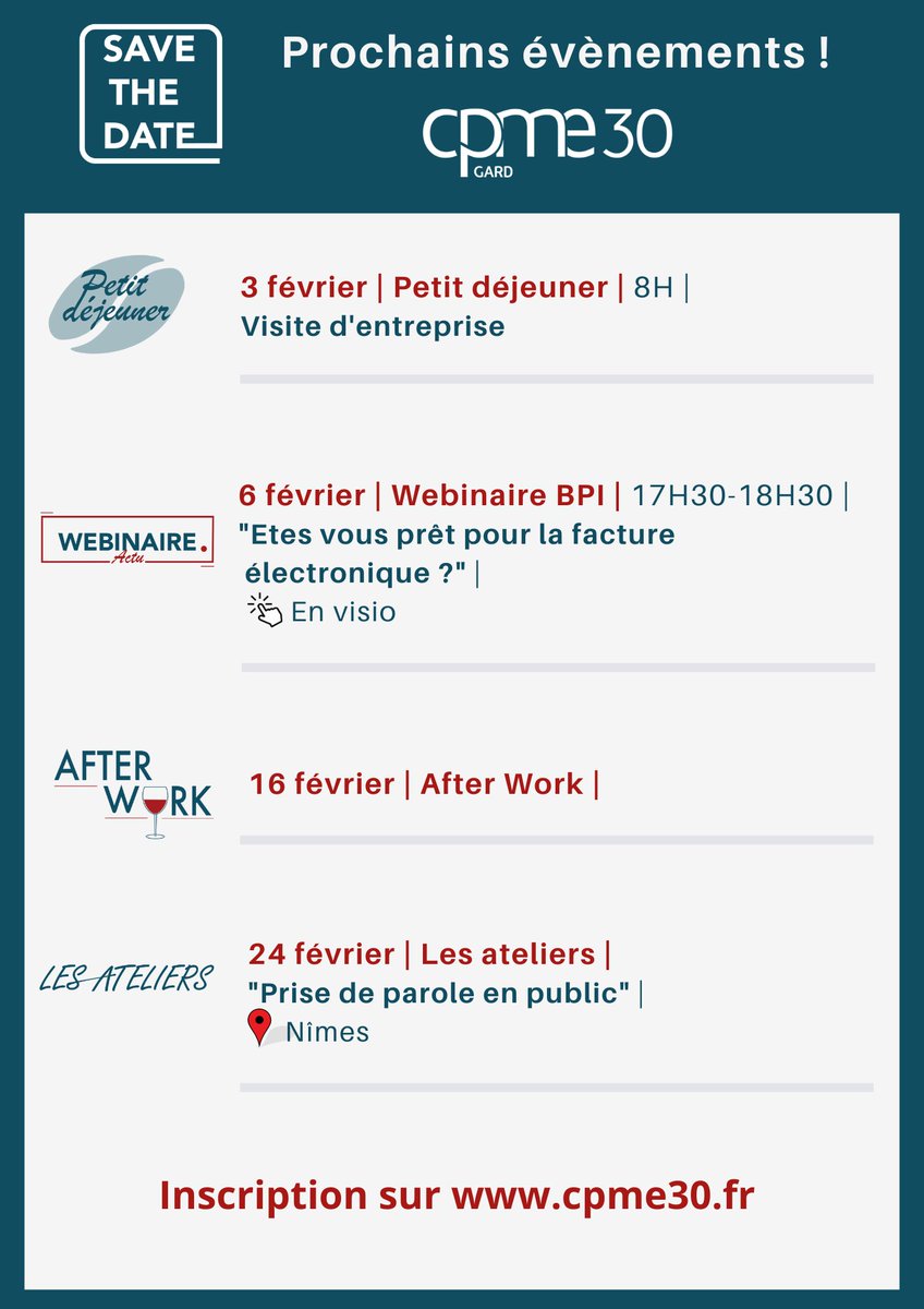 cpme30's tweet image. [ Save the date 📆]

La programme du début d'année est lancé !

🖇️Voici l'agenda pour les mois de janvier et février de la @cpme30!

Inscription 👉cpme30.fr

@sabrina_igel
 
#CPME #gard #TPE #PME #chefdentreprise #défendre #représenter #accompagner #évènement