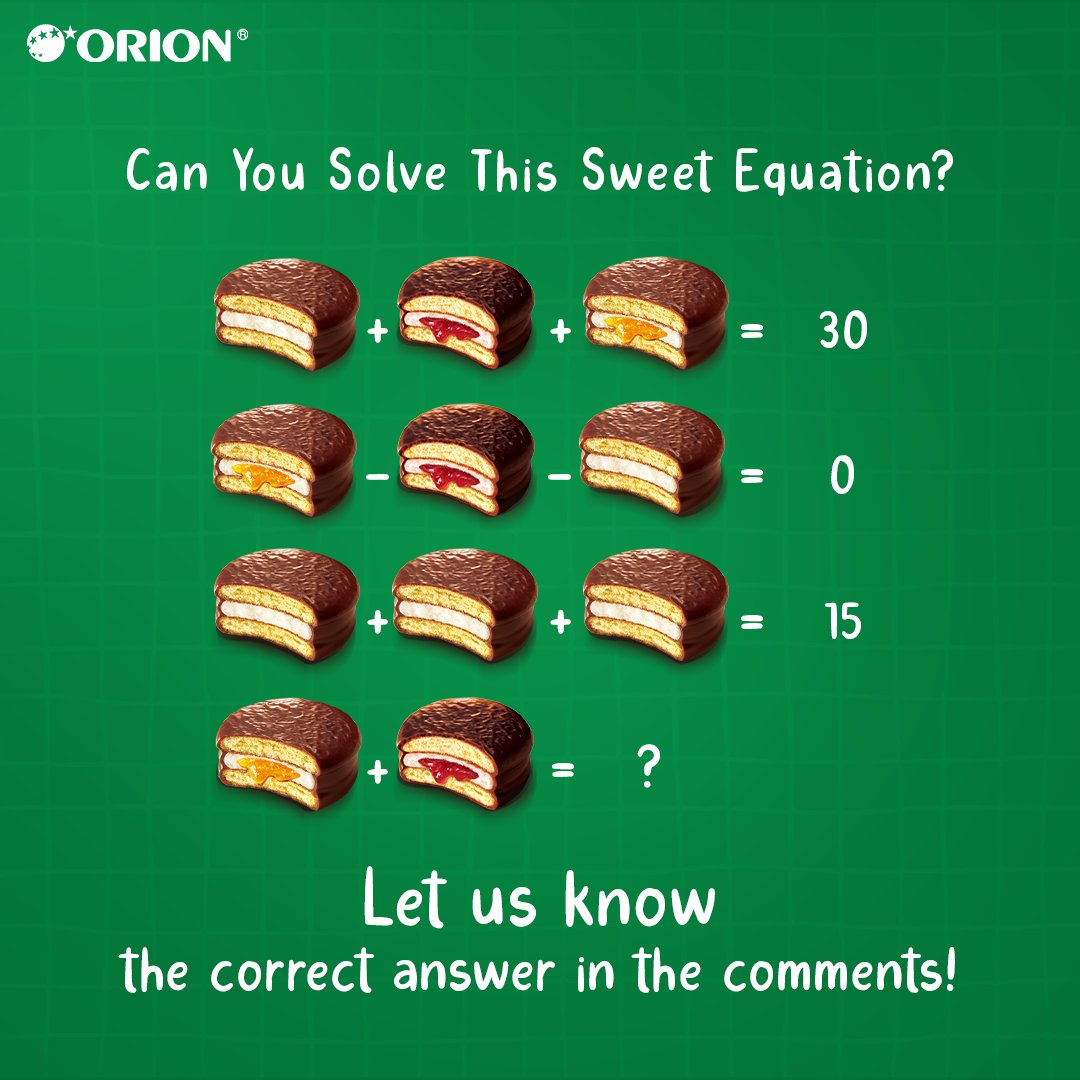 InOrionChocoPie's tweet photo. Choco-Pies that add happiness and subtract the low moments in life. This Winter Carnival, solve the riddle and comment the right answer!
#Orion #OrionChocoPie #ChocolateChocoPie #StrawberryChocoPie #MangoChocoPie #MathsQuiz #Solve #Equation #Comment https://t.co/ABofJIULea