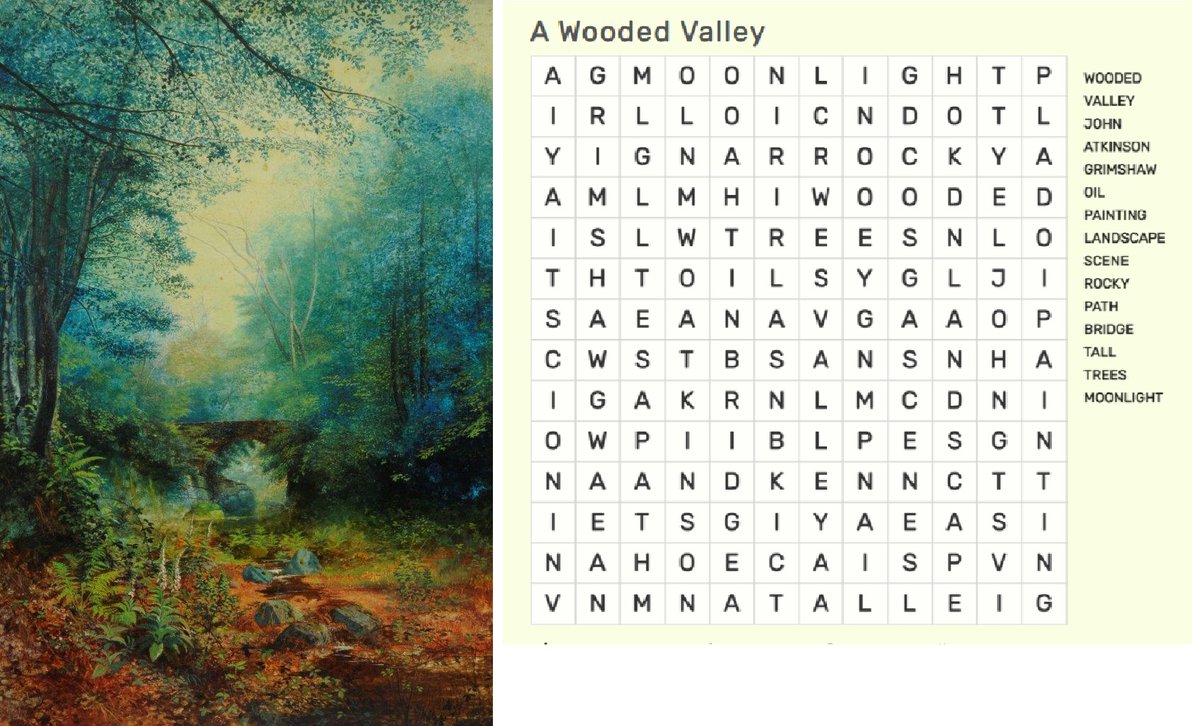 BarnsleyMuseums's tweet photo. #BrewMonday have a cuppa and let us know how long it takes you to complete this #Wordseach
https://t.co/1VqCqga9vS
'A Wooded Valley' by John Atkinson Grimshaw is on display at @CooperBarnsley and you can take a virtual tour https://t.co/jFBLF060b0 #BlueMonday https://t.co/d2k94wsHQG