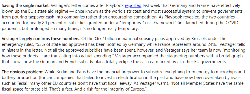 Striking figures in today`s <a href="/POLITICOEurope/">POLITICOEurope</a> playbook on EU state aid since the pandemic, with Germany accounting for 53% and France for 24%, with just 23% for all other 25 member states.

Remember: This asymetry was a core argument for the joint borrowing in the EU recovery fund.