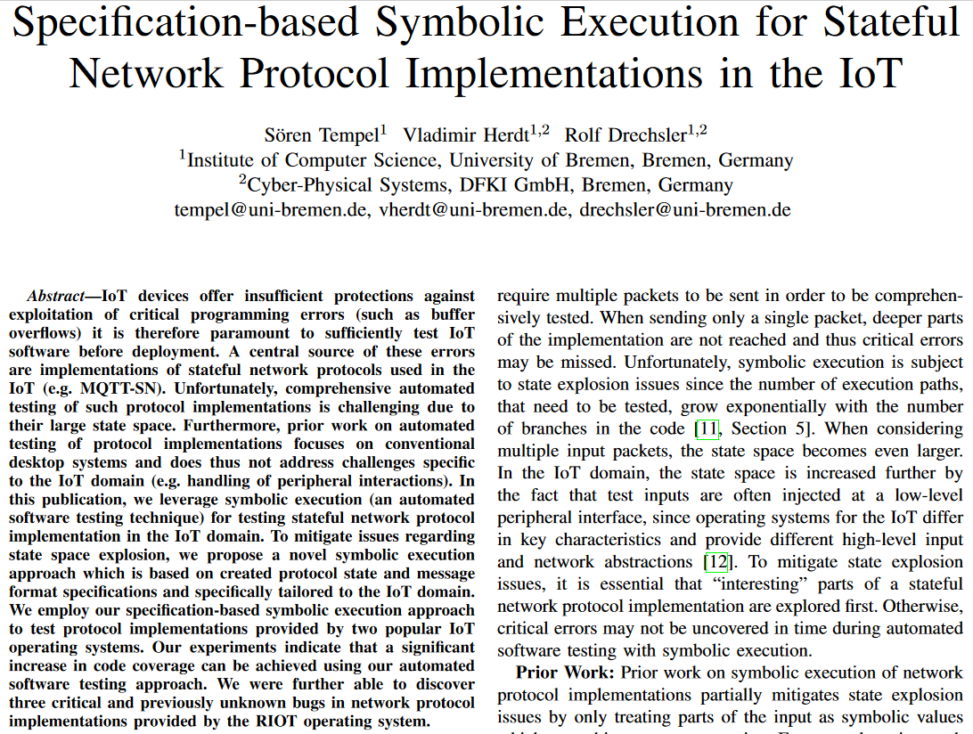 Rolf_Drechsler's tweet photo. Our paper published in IEEE #InternetOfThings Journal on "Specification-based Symbolic Execution for Stateful Network Protocol Implementations in the IoT" is #online https://t.co/9iTIgg395i
@agra_uni_bremen @UniBremen @DFKI #Scale4Edge #VerSys #ECXL #verification @risc_v #riscv https://t.co/5ILIDBepQ0