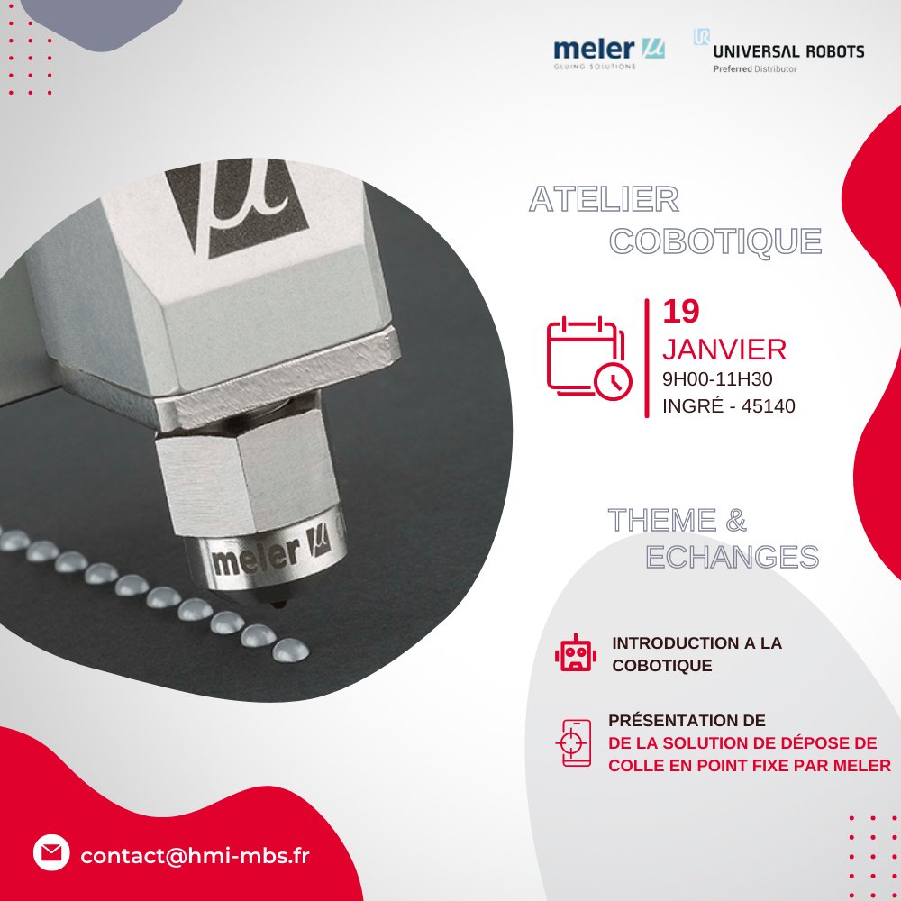 🎯 ATELIER COBOTIQUE J-3 🎯

Nous organisons au sein des locaux de l'entreprise Focke Meler Gluing Solutions, S.A. un atelier sur la solution de dépose de colle en point fixe, jeudi 19 janvier prochain. 📅

Lien d'inscription : ow.ly/FF8y50MauE7