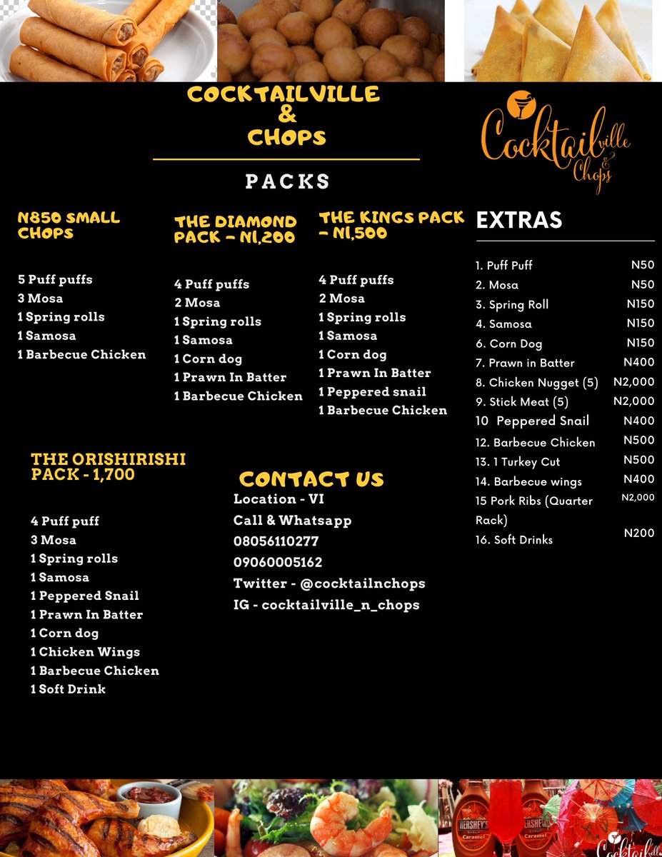 cocktailsNchops's tweet photo. Hot Fresh Delicious SMALL CHOPS Available 😊 🤤 🥰

If you within VI, ikoyi or lekki you can get your order in 1 hour. If you on the mainland within 2 hours.

Check our MENU in the picture 😊

Send a DM or call 08056110277/WhatsApp to place your ORDERS 

#CvChops 
#GetYourPVC https://t.co/04bylRAGn5
