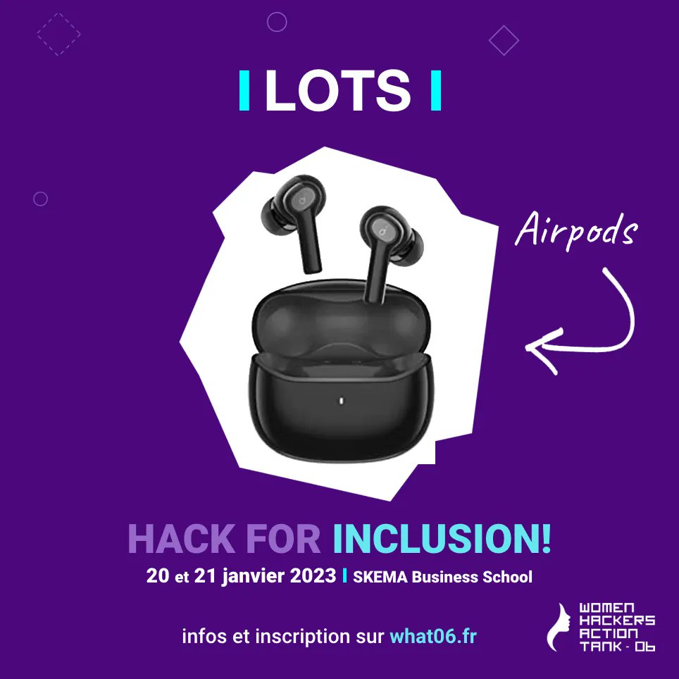 WhatHackers's tweet photo. Des Airpods attendent une équipe gagnante ! 🏆
D’autres prix sont à remporter, grâce au soutien de nos partenaires.
📅 RDV les 20 et 21 janvier 2023 à Sophia Antipolis
👉 Dernières places disponibles : https://t.co/HtIpAAbZoo
#CotedAzurFrance #WomenInTech #HackForInclusion https://t.co/uqhXLhcLqL