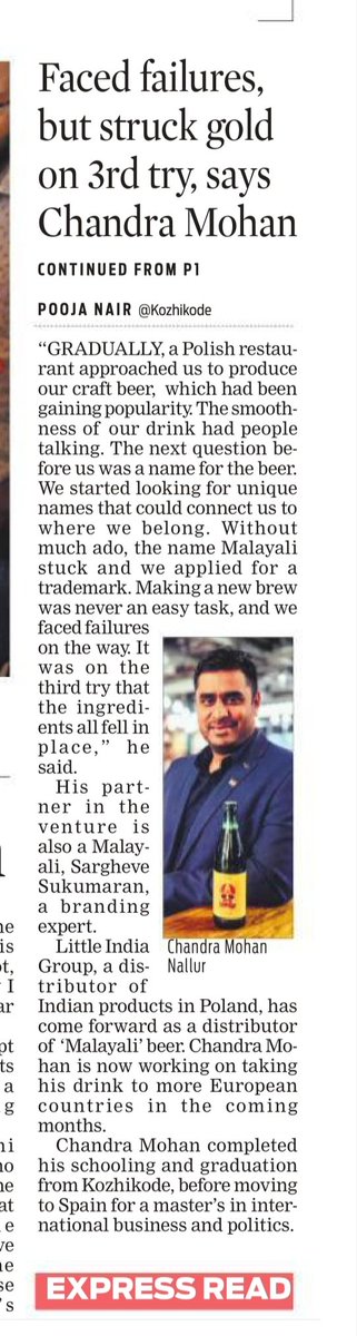 Pooja170P's tweet photo. This is the dream of @chandramohannallur, who developed anew brew and named it 'Malayali'

@xpresskerala @NewIndianXpress #Malayalibeer #Poland @IndiainPoland https://t.co/1yXL4v6H9e