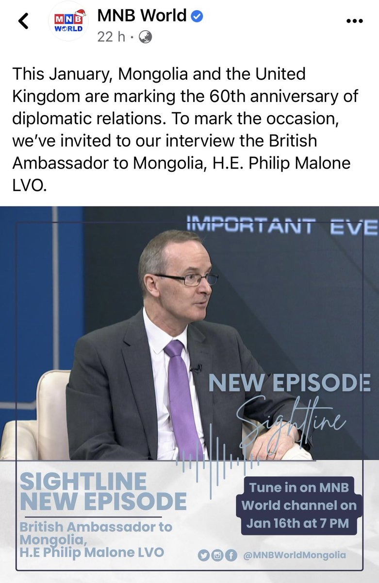 AndyJBatt's tweet photo. With a week to go to the anniversary of 60yrs of diplomatic relations between #UK AND #Monglia tune in tonight to @mnbworld to hear the thoughts of @HMAMalone @UKinMongolia https://t.co/OJYrP8yior