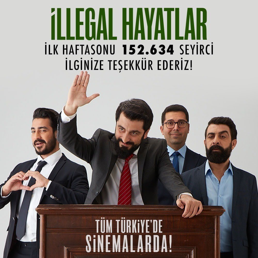 Filmimiz İLLEGAL HAYATLAR ilk haftasonu 152.634 seyirci tarafından izlendi. Adana’da yapılan ön gösterim ile birlikte filmimizi izleyen, bize destek olan 153.813 kişiye sonsuz teşekkürler! #illegalhayatlar